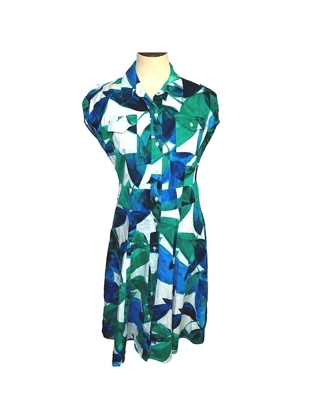 Jones New York Fit Flare Midi Dress Sz 4 Blue Green White Tropical Button Front